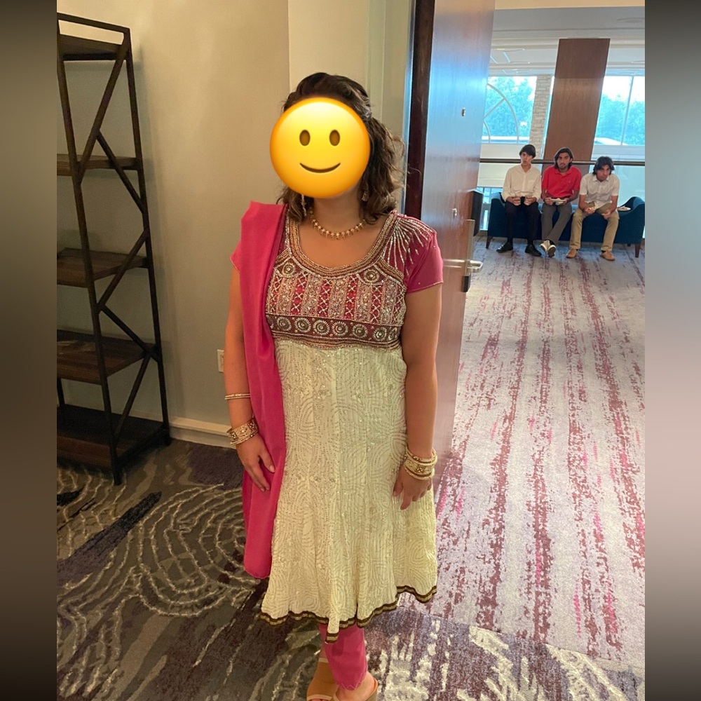 Indian wedding guest dress, pink and white beaded kurta